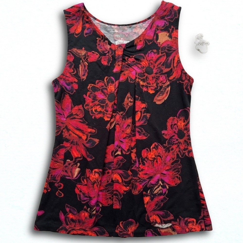 Merona Womens Red Pink Floral Sleeveless Pleated Knit Tank Top Size M